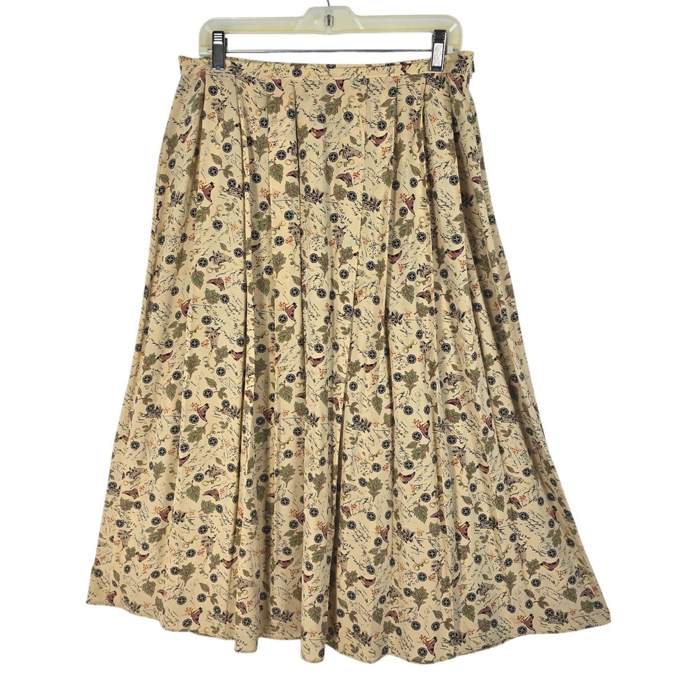 Alex de Bolzan Vintage 100% Silk Novelty Print Pleated Midi Skirt Cream Women 12